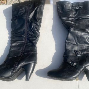 11W Kitten Heel Knee High Black Faux Leather Boots